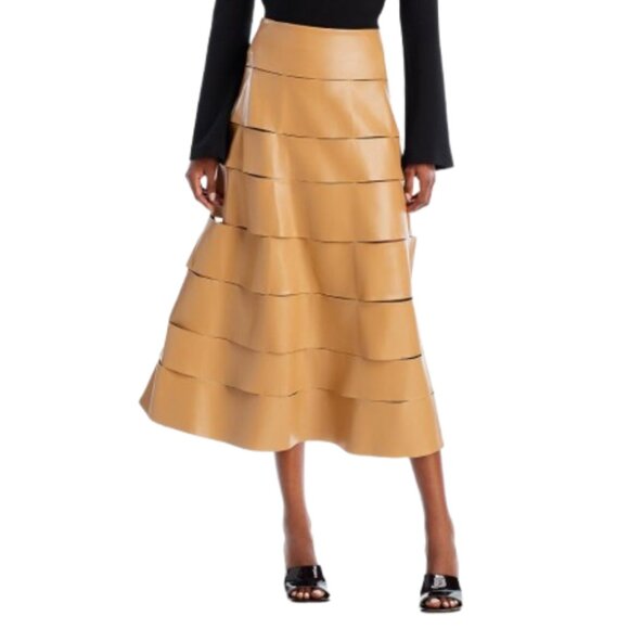 A.W.A.K.E Mode Multi Strap Midi Skirt Womens 40 Tan Vegan Leather A-Line Awake - Picture 1 of 15